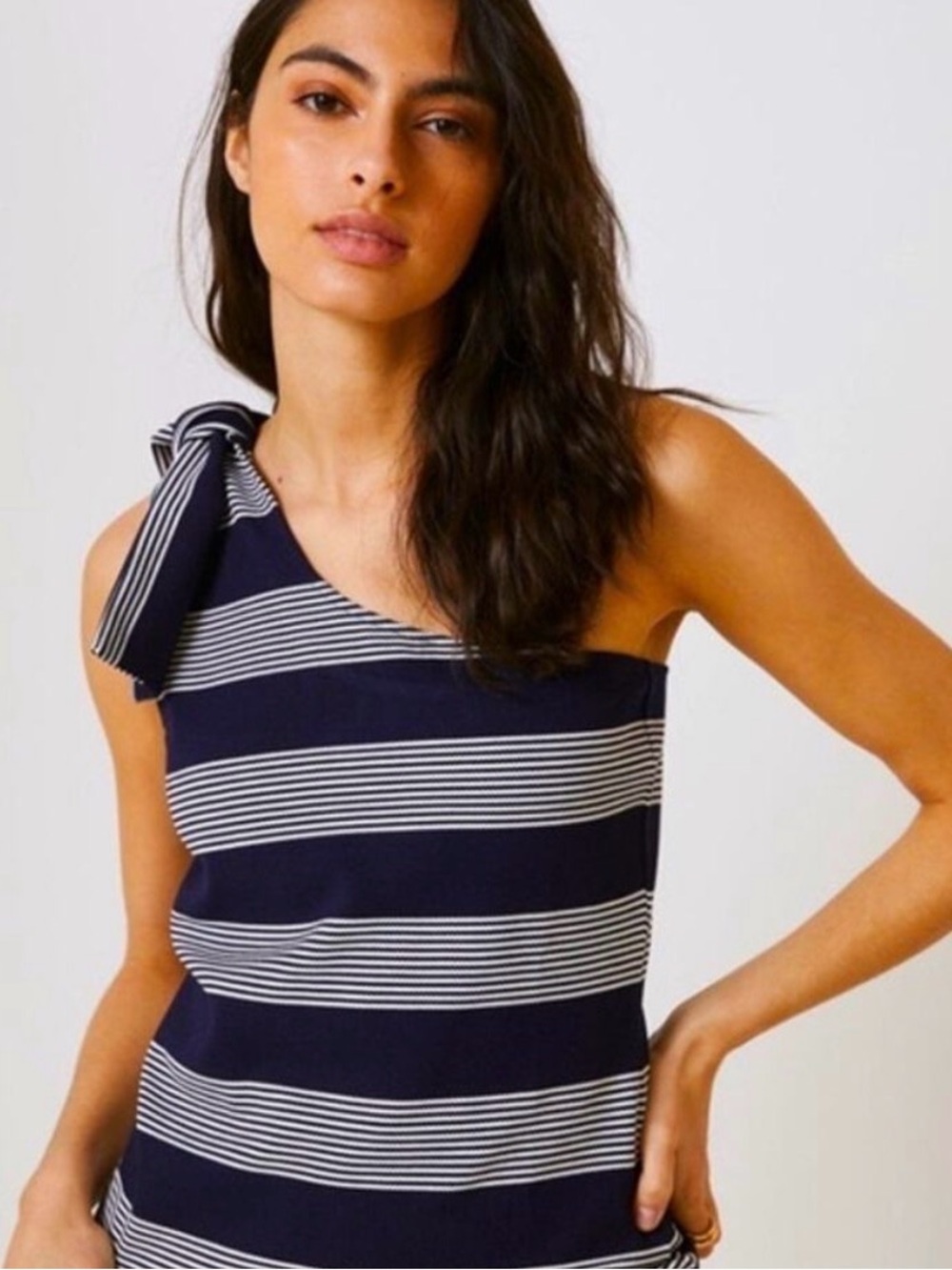 Bishop+Young One-Shoulder Nautical Navy and White Stripe Top